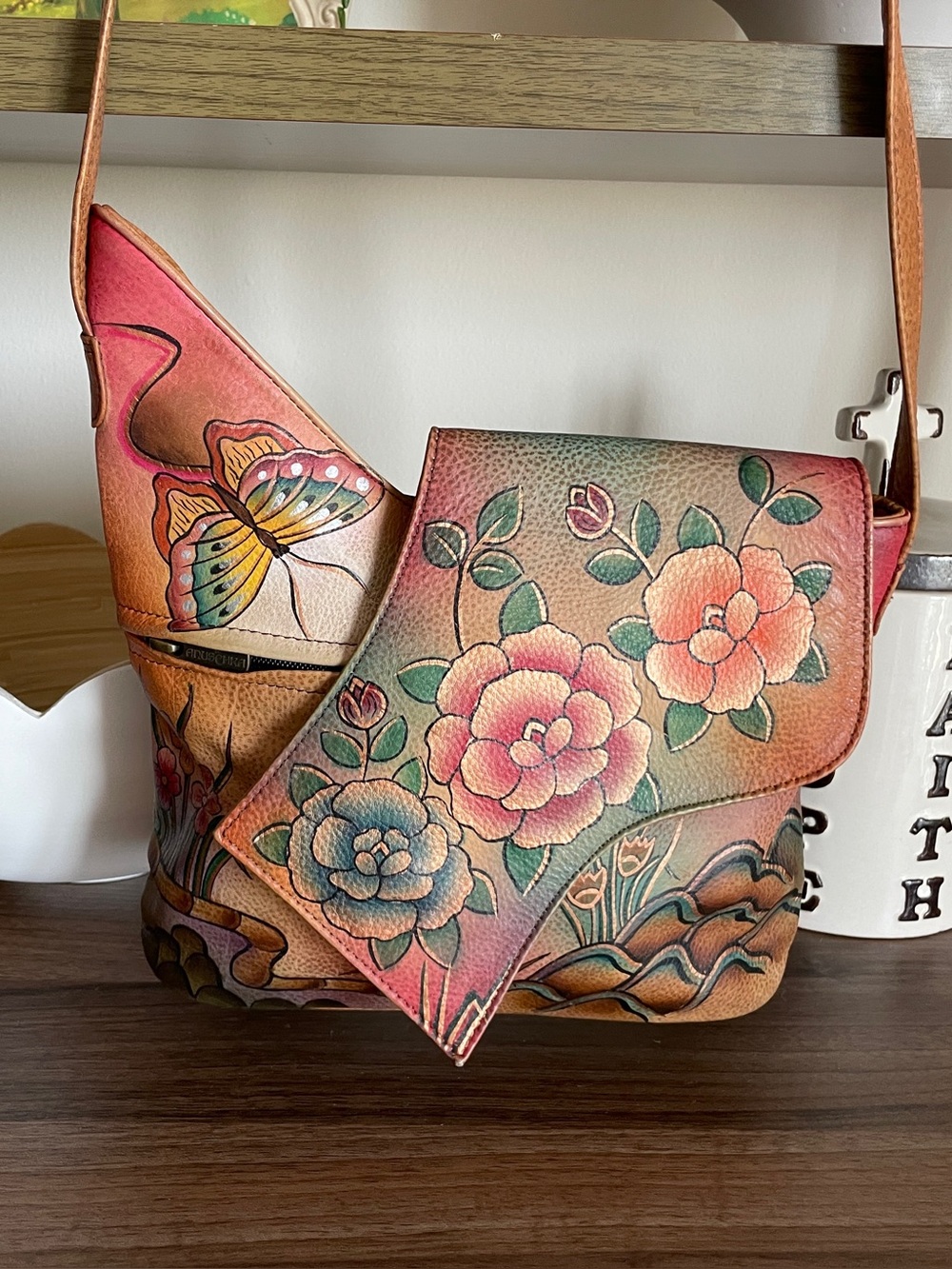 Anuschka Hand-Painted Floral & Butterfly Shoulder Bag